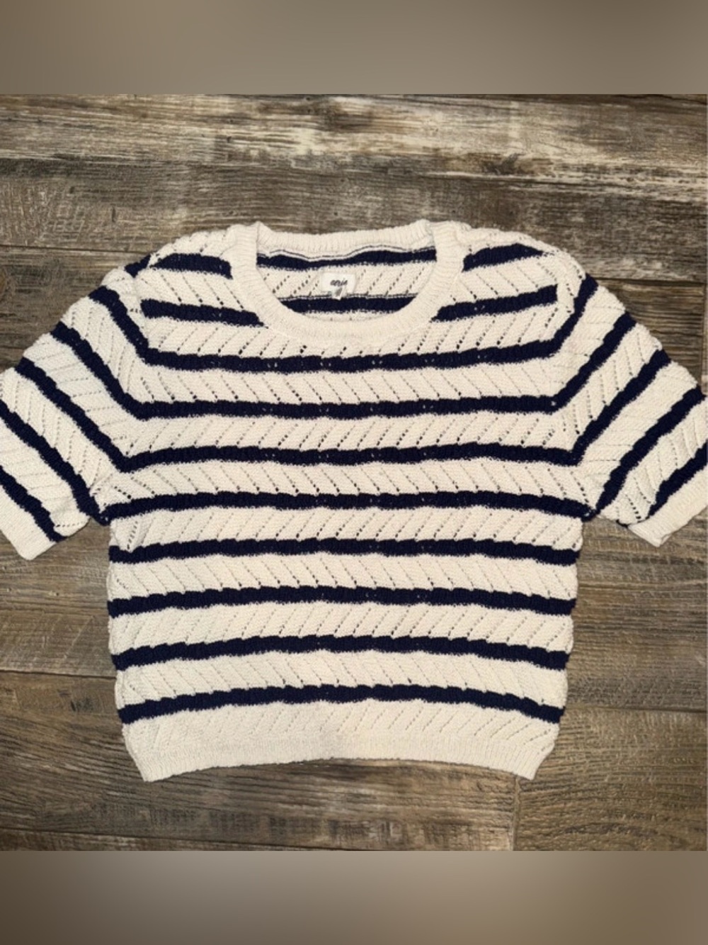 aerie Cream & Navy Striped Short-Sleeve Crew Sweater